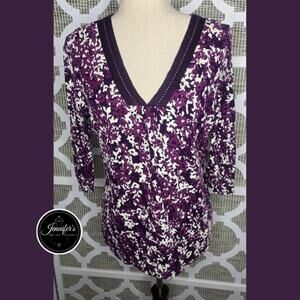 Merona Purple and White Ribbon V-Neck 3/4 Sleeve Knit Top Size Large